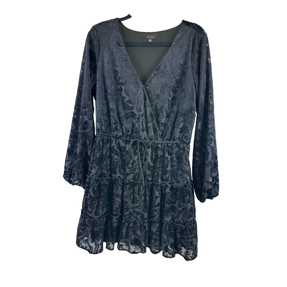 City Studio Black Velvet Dress Long Sleeve Burnout Goth Short Tiered V-Neck XL